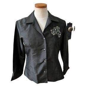 Silk Box Embroidered Silk Button Down Top Black 8